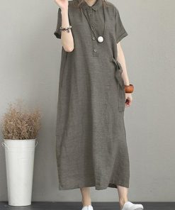 Women Casual Button Down Casual Loose Short Sleeve Dress with Pockets