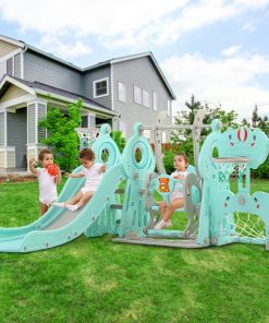 5 In 1 Kids Indoor And Outdoor Slide Swing And Basketball Football Baseball Set